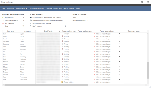 The Match mailboxes configuration window.