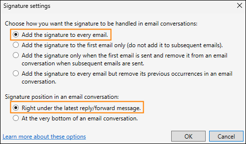 Configuration of the first signature (the one that is always added).