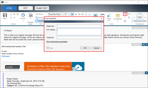 Editor - hyperlink button and menu