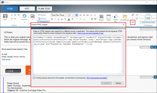 Editor - Insert HTML snippet button and options
