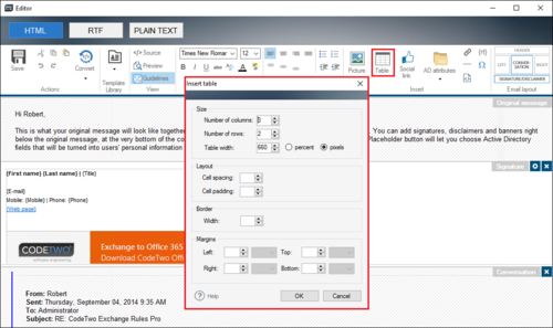 Editor - Insert table button and menu