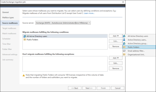 Selecting source mailboxes for migration.