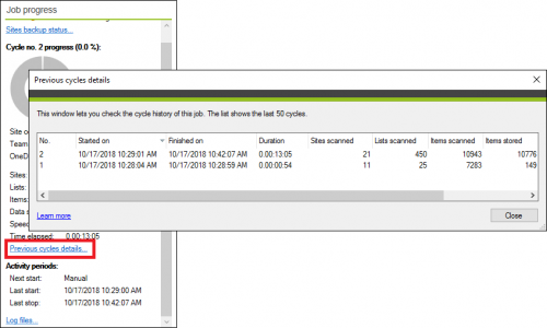 Backup Jobs tab backup cycle status
