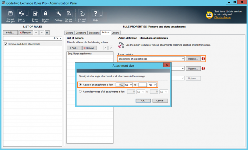 Configuring the attachments' size range.