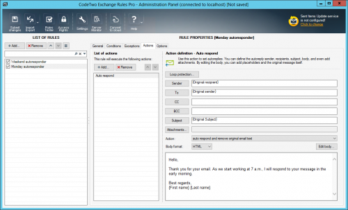 Configuring the Auto respond action.
