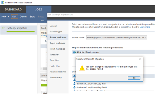 You cannot change server connections once the migration job has been started.