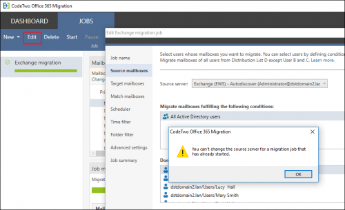 Changing the source server connection in CodeTwo Office 365 Migration