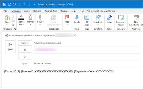 An activation request message to send to CodeTwo.