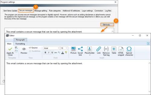 Adjusting an envelope message body via the editor.
