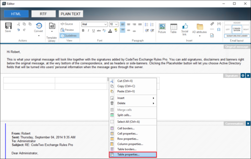 Editor - table - shortcut menu