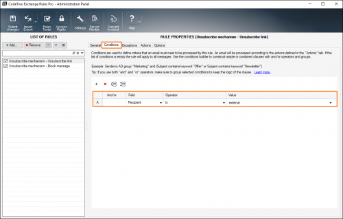 The default conditions of the Unsubscribe mechanism - Unsubscribe link rule.