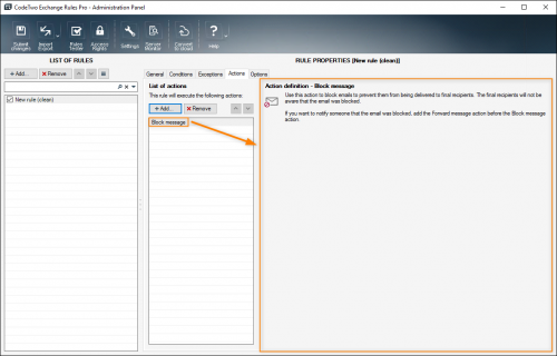 Properties pane for the Block message action.