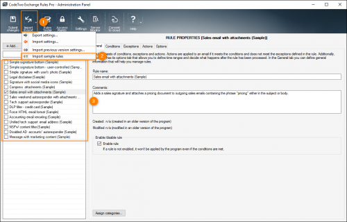 A list of sample rules included in the program. The Sales email with attachments (Sample) rule is active.