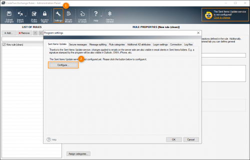 Opening the Sent Items Update configuration wizard.