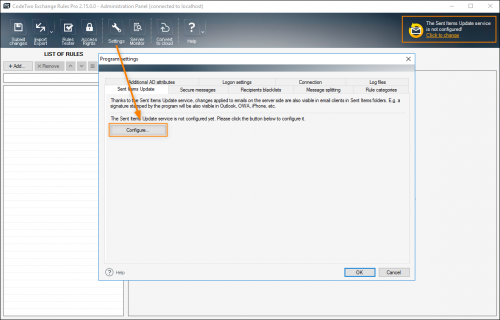Opening the Sent Items Update configuration wizard.