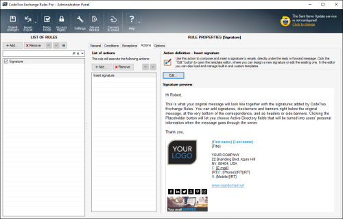 One of the test CodeTwo Exchange Rules Pro signature rules.