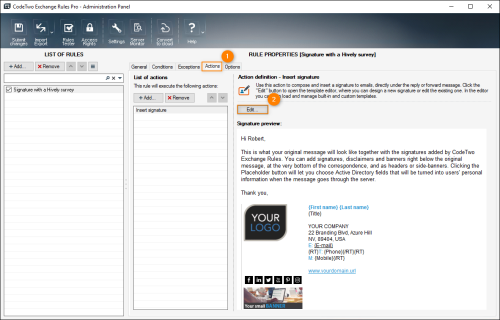 Editing an email signature template in CodeTwo Exchange Rules Pro.