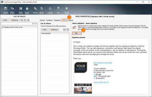 Editing an email signature template in CodeTwo Exchange Rules.