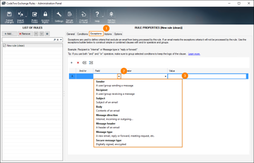 The Exceptions tab with all available conditions.