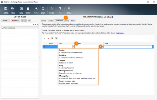The Exceptions tab with all available conditions.