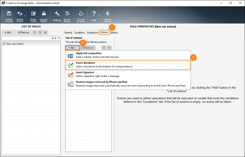 Choosing Insert disclaimer on the Actions tab.
