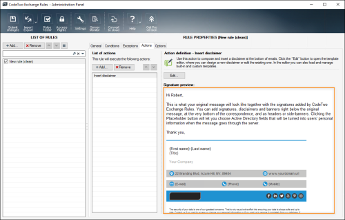 Disclaimer preview visible in the action's properties.