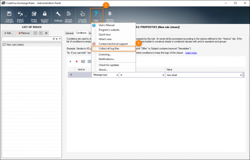 Opening compressed log files pack from the Help context menu.