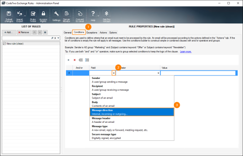 Choosing Message direction on the Conditions tab.