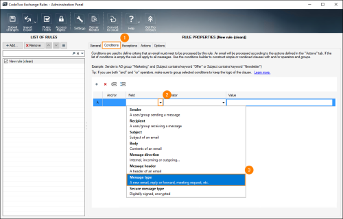 Choosing Message type on the Conditions tab.