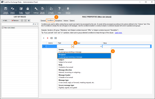 Choosing Recipient on the Conditions tab.