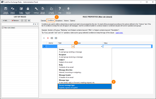 Setting up the Secure message type condition.