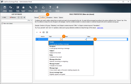 Choosing Sender on the Conditions tab.