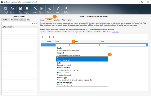 Choosing Subject on the Conditions tab.