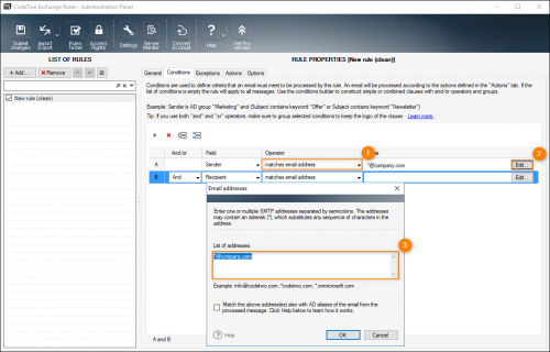 Defining wildcards for email addresses in Sender and Recipient conditions.