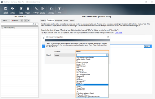 Selecting a predefined header name to be searched for from the list.