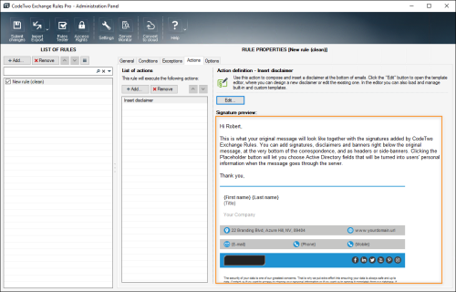 Disclaimer preview visible in the action's properties.