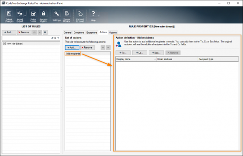 Properties pane for the Add recipients action.