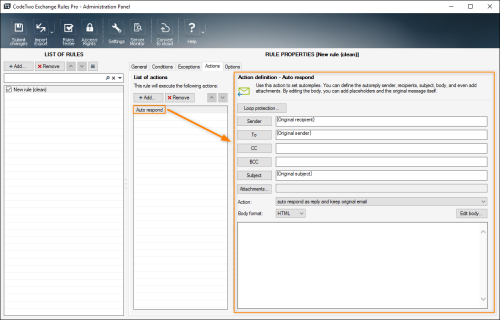 The properties pane of the Auto respond action.