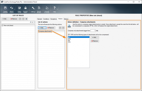 Properties pane of the Compress Attachments action.