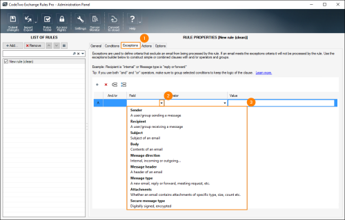 Exceptions tab with all available exceptions.