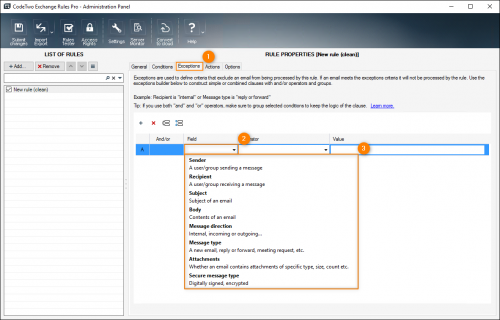 Exceptions tab with all available exceptions.