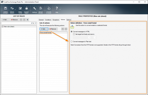 Properties pane for Force email format.