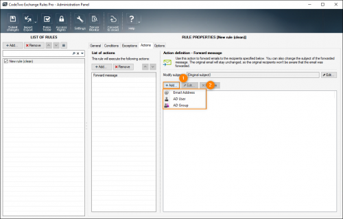 Choosing the type of recipient for the Forward message action.