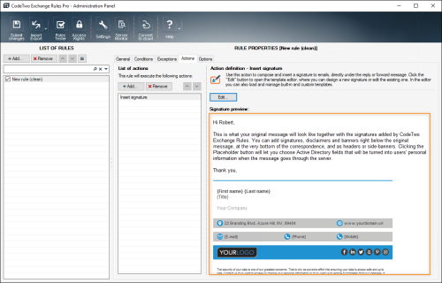 Signature preview visible in the action's properties.