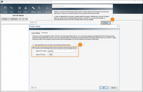 Manual configuration of the connection to Exchange Rules Pro Service.