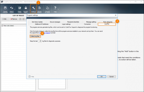 Collecting compressed log files from the Log files tab in the program's settings.