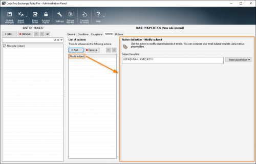 Properties pane of the Modify subject action.