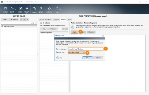 Opening the Add keyword window and defining a keyword/phrase to be deleted by the rule.