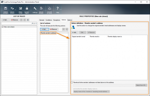 The properties pane of the Rewrite sender's address action.