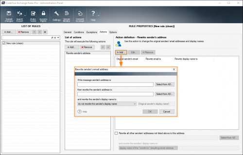 Sender address rewriting configuration window.